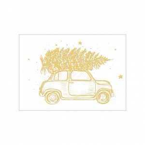 Postarte mit Auto und Weihnachtsbaum auf dem Dach